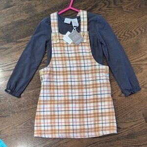 Tahari Plaid Pinafore with Navy Top